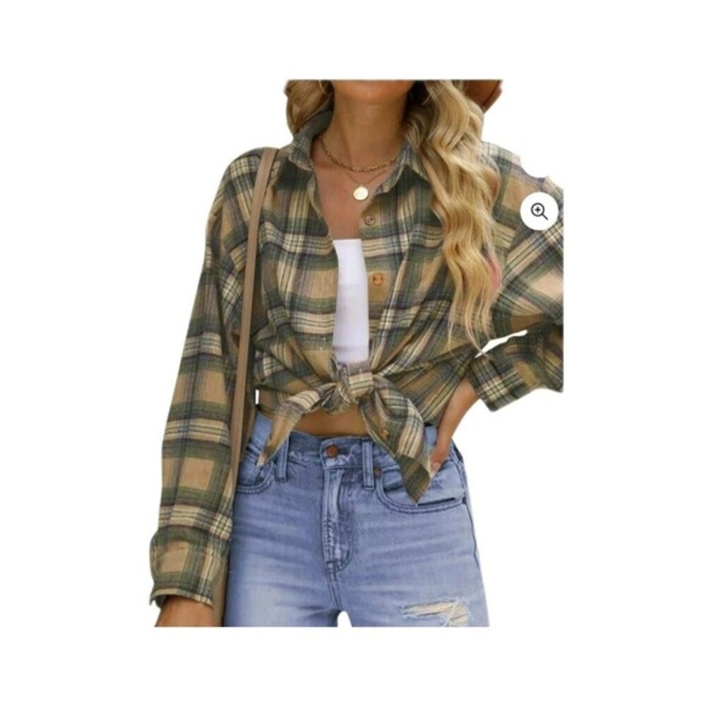 Fantaslook Womens Plaid Flannel Shacket Oversized Button Down Shirt Green Large - Picture 2 of 10